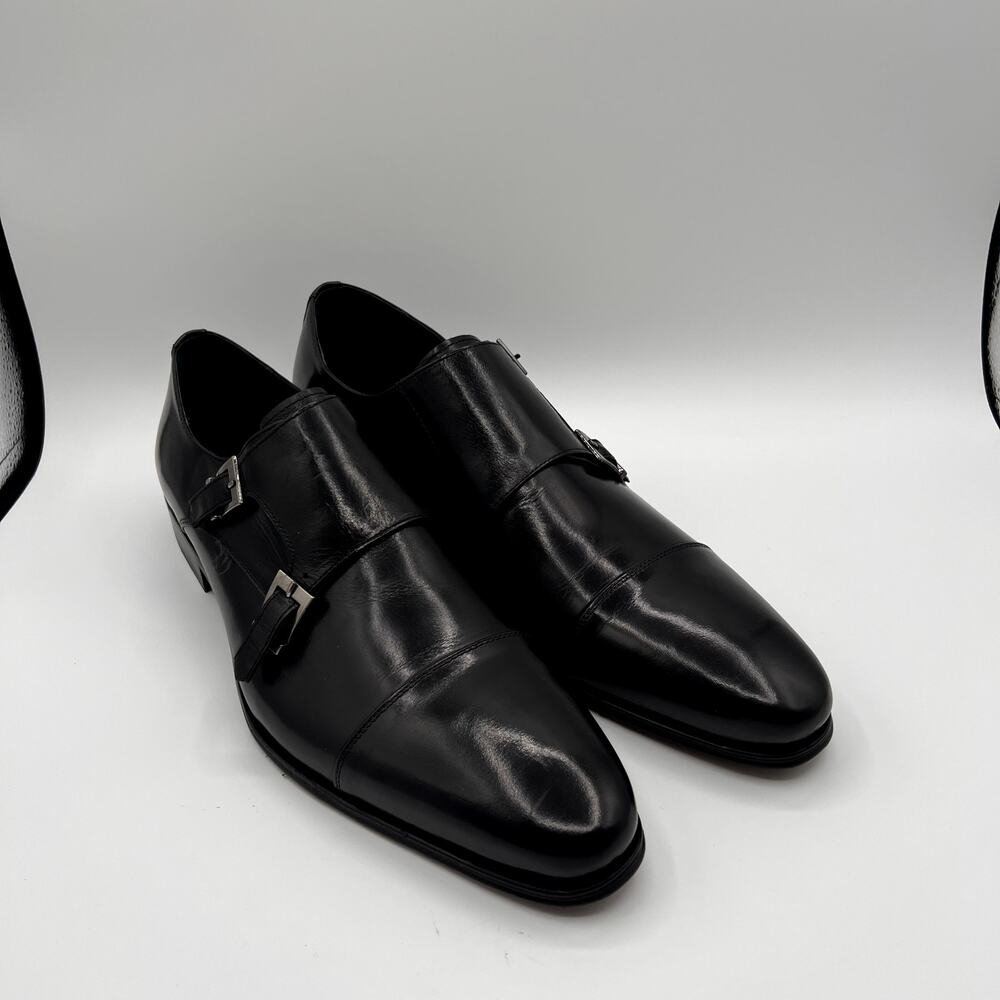CARRUCCI Mens Black Leather Double Monk Strap Dress Shoes